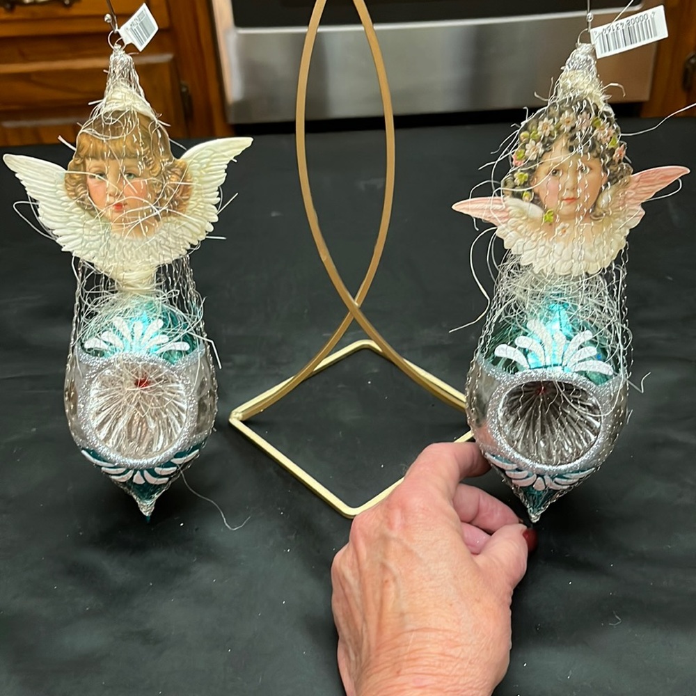 NWT Pair of Unique, Splendidly Beautiful, Holiday Angel Ornaments.  Hand Blown.